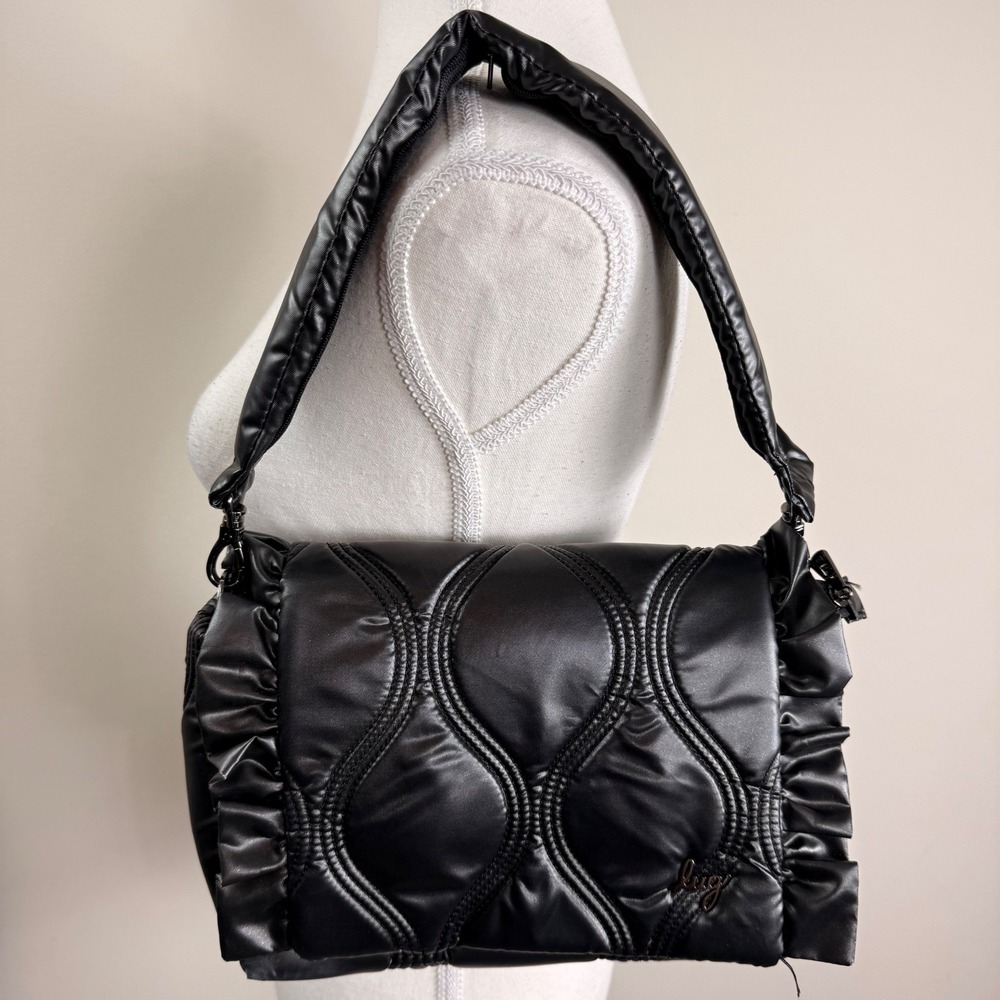 Lug Conga Quilted Ruffle Shoulder Bag Metallic Black Wave Stitching Organizer